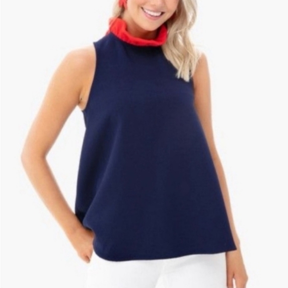 Tuckernuck Pomander Place Mason Navy Blue Red Ruffle Tie Blouse Size Medium - Picture 2 of 12